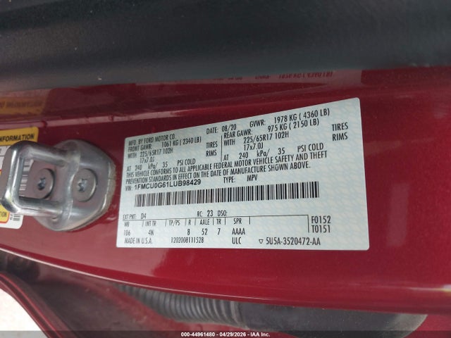 Продаж на аукціоні авто 2020 Ford Escape Se, vin: 1FMCU0G61LUB98429, номер лоту: 44961480