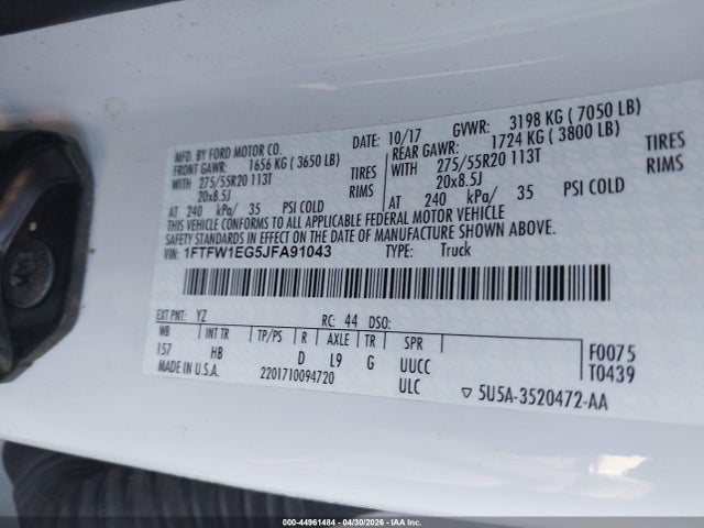 Aukcja sprzedaży 2018 Ford F-150 Lariat, vin: 1FTFW1EG5JFA91043, numer aukcji: 44961484
