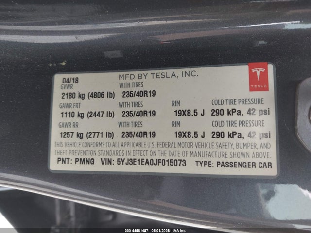 Продаж на аукціоні авто 2018 Tesla Model 3 Long Range/mid Range, vin: 5YJ3E1EA0JF015073, номер лоту: 44961487