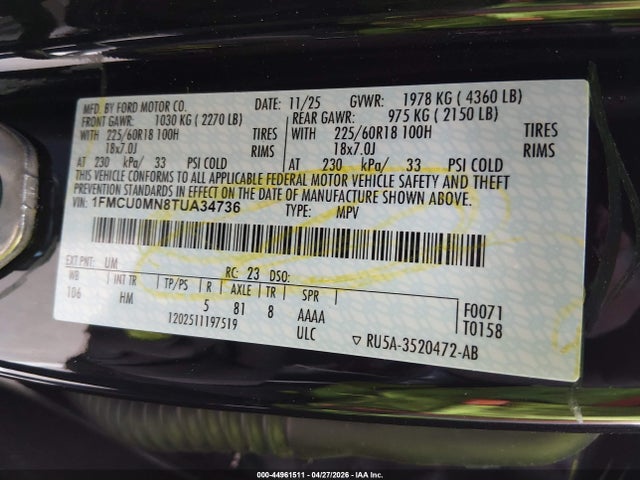 Продаж на аукціоні авто 2026 Ford Escape St-line, vin: 1FMCU0MN8TUA34736, номер лоту: 44961511
