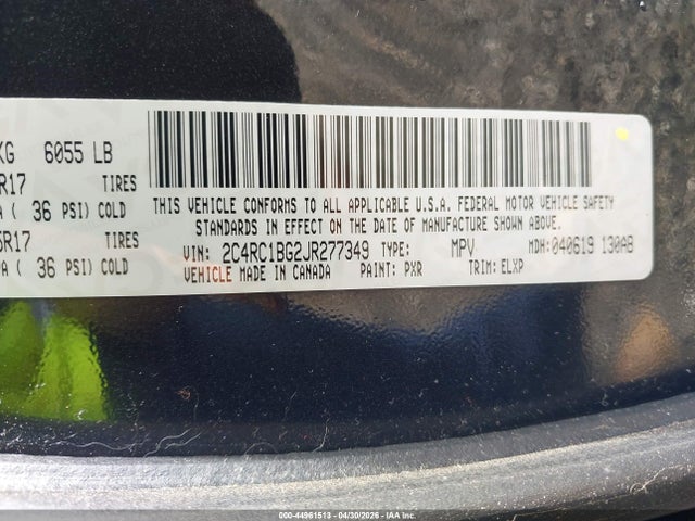 2018 Chrysler Pacifica Touring L მანქანა იყიდება აუქციონზე, vin: 2C4RC1BG2JR277349, აუქციონის ნომერი: 44961513