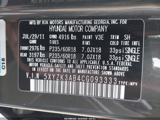 Aukcja sprzedaży 2012 Hyundai Santa Fe Limited, vin: 5XYZK3AB4CG093333, numer aukcji: 44961520