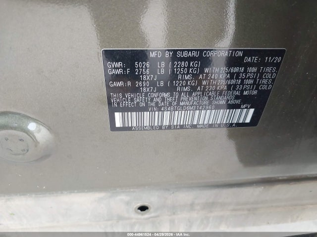 Aukcja sprzedaży 2021 Subaru Outback Onyx Edition Xt, vin: 4S4BTGLD6M3142960, numer aukcji: 44961524