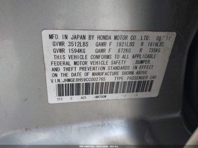 Продажа на аукционе авто 2012 Honda Fit Sport, vin: JHMGE8H59CC002765, номер лота: 44961543