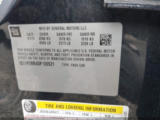 2013 Chevrolet Malibu Eco Premium Audio მანქანა იყიდება აუქციონზე, vin: 1G11F5RR4DF100521, აუქციონის ნომერი: 44961544