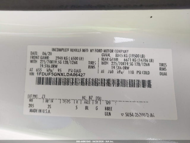 44961545 :رقم المزاد ، 1FDUF5GNXLDA06427 vin ، 2020 Ford F-550 Chassis Xlt مزاد بيع