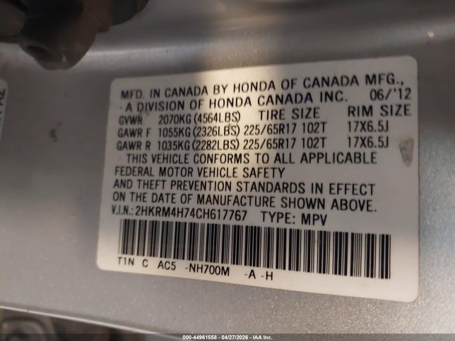 44961558 :رقم المزاد ، 2HKRM4H74CH617767 vin ، 2012 Honda Cr-v Ex-l مزاد بيع