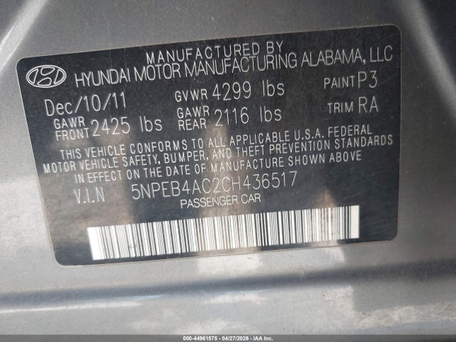 2012 Hyundai Sonata Gls მანქანა იყიდება აუქციონზე, vin: 5NPEB4AC2CH436517, აუქციონის ნომერი: 44961575