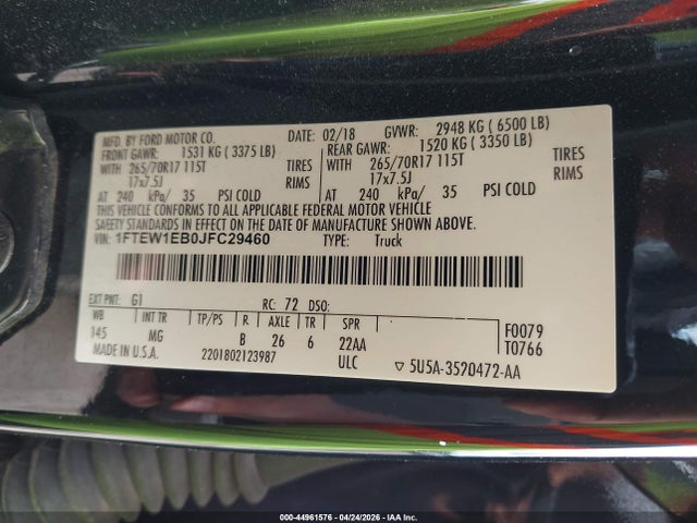 2018 Ford F-150 Xlt მანქანა იყიდება აუქციონზე, vin: 1FTEW1EB0JFC29460, აუქციონის ნომერი: 44961576