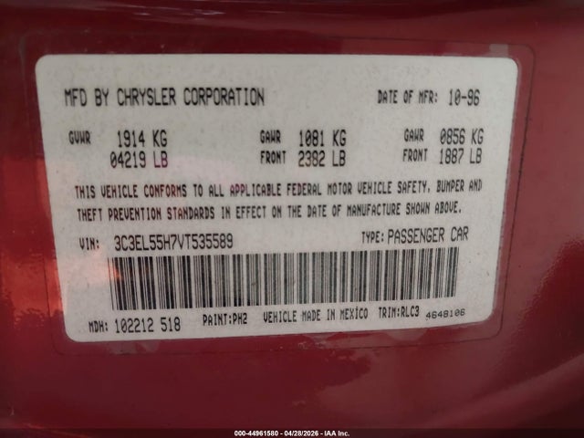44961580 :رقم المزاد ، 3C3EL55H7VT535589 vin ، 1997 Chrysler Sebring Jxi مزاد بيع