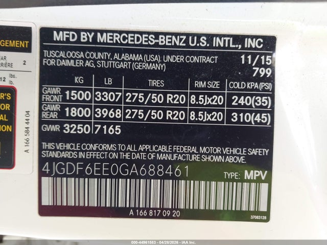 44961583 :رقم المزاد ، 4JGDF6EE0GA688461 vin ، 2016 Mercedes-benz Gl 450 4matic مزاد بيع