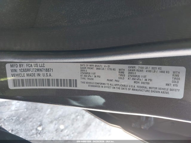 Продажа на аукционе авто 2021 Ram 1500 Laramie  4x4 5'7 Box, vin: 1C6SRFJT2MN718871, номер лота: 44961586
