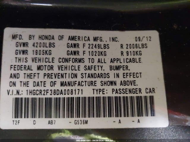 Продаж на аукціоні авто 2013 Honda Accord Lx, vin: 1HGCR2F38DA008171, номер лоту: 44961593