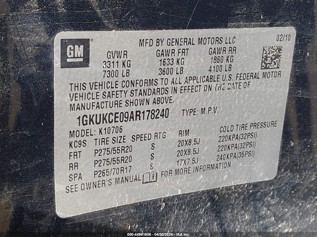 Aukcja sprzedaży 2010 Gmc Yukon Slt, vin: 1GKUKCE09AR178240, numer aukcji: 44961606
