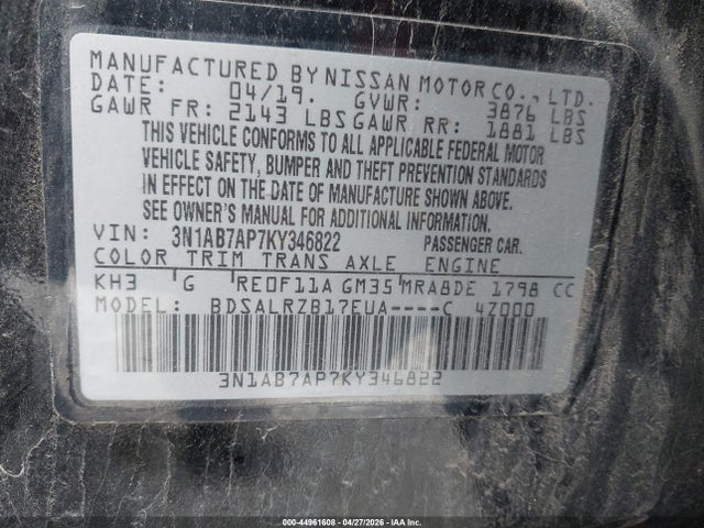 Продажа на аукционе авто 2019 Nissan Sentra Sr, vin: 3N1AB7AP7KY346822, номер лота: 44961608