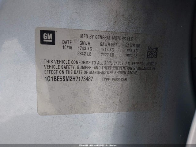 2017 Chevrolet Cruze Lt Auto მანქანა იყიდება აუქციონზე, vin: 1G1BE5SM2H7173487, აუქციონის ნომერი: 44961610
