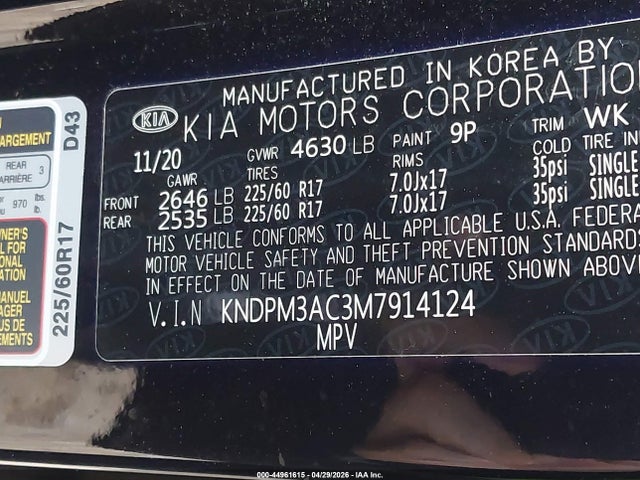 Aukcja sprzedaży 2021 Kia Sportage Lx, vin: KNDPM3AC3M7914124, numer aukcji: 44961615