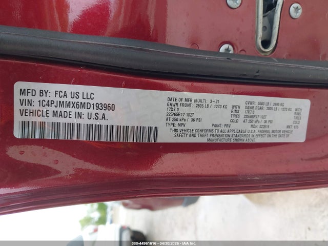 Aukcja sprzedaży 2021 Jeep Cherokee Latitude Lux 4x4, vin: 1C4PJMMX6MD193960, numer aukcji: 44961616