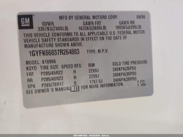 Продаж на аукціоні авто 2007 Cadillac Escalade Esv Standard, vin: 1GYFK66837R264883, номер лоту: 44961626