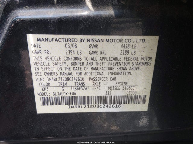 Продажа на аукционе авто 2008 Nissan Altima 3.5 Se, vin: 1N4BL21E08C242616, номер лота: 44961628