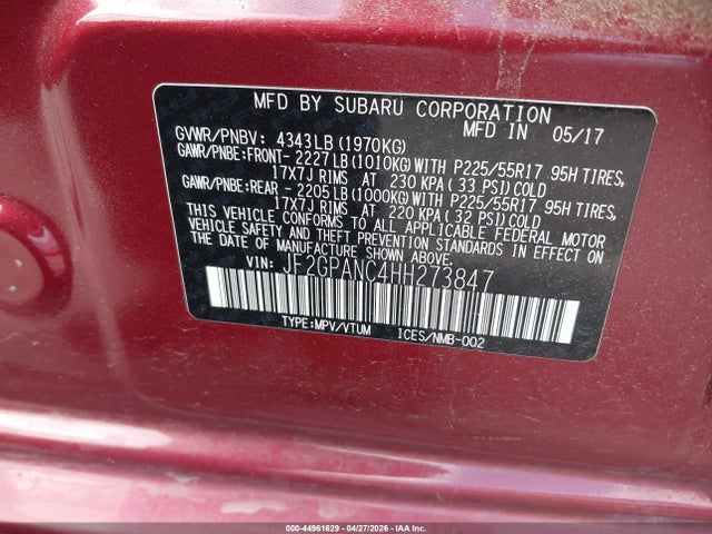 2017 Subaru Crosstrek 2.0i Limited მანქანა იყიდება აუქციონზე, vin: JF2GPANC4HH273847, აუქციონის ნომერი: 44961629