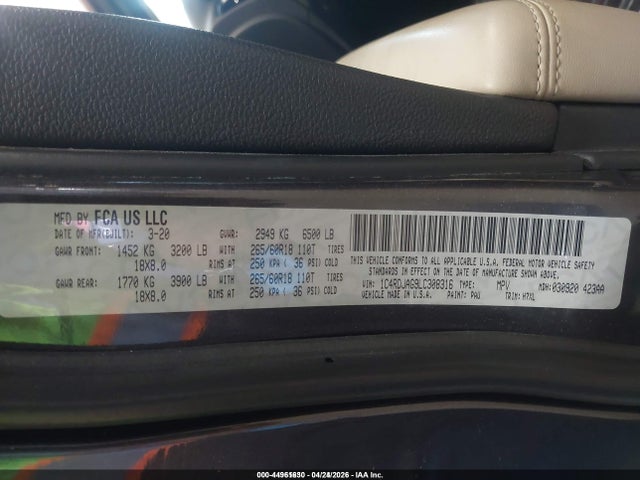 Продажа на аукционе авто 2020 Dodge Durango Sxt Plus Awd, vin: 1C4RDJAG9LC308316, номер лота: 44961630