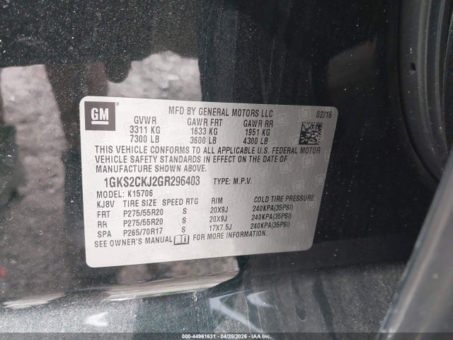 Aukcja sprzedaży 2016 Gmc Yukon Denali, vin: 1GKS2CKJ2GR296403, numer aukcji: 44961631