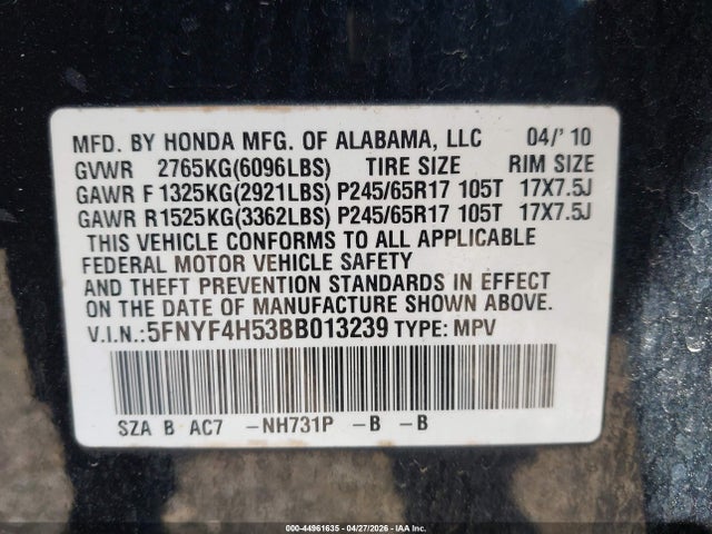 2011 Honda Pilot Ex-l მანქანა იყიდება აუქციონზე, vin: 5FNYF4H53BB013239, აუქციონის ნომერი: 44961635