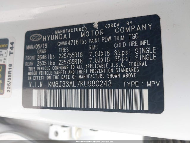 44961640 :رقم المزاد ، KM8J33AL7KU980243 vin ، 2019 Hyundai Tucson Sel مزاد بيع