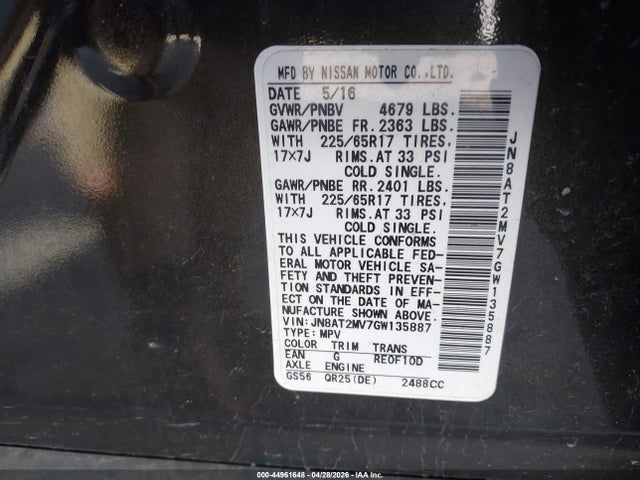 Aukcja sprzedaży 2016 Nissan Rogue S, vin: JN8AT2MV7GW135887, numer aukcji: 44961648