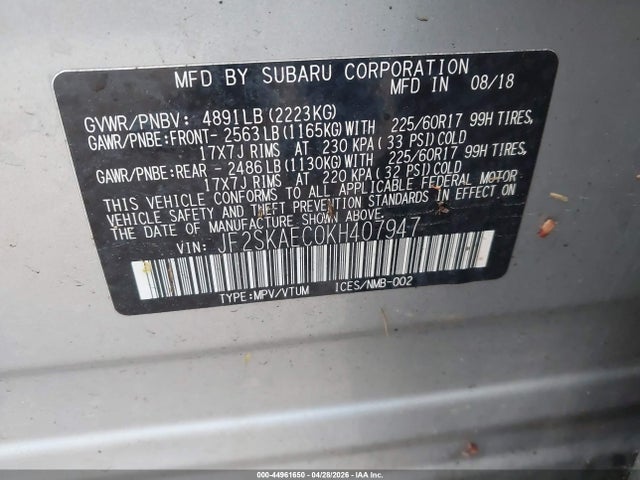 Продажа на аукционе авто 2019 Subaru Forester Premium, vin: JF2SKAEC0KH407947, номер лота: 44961650