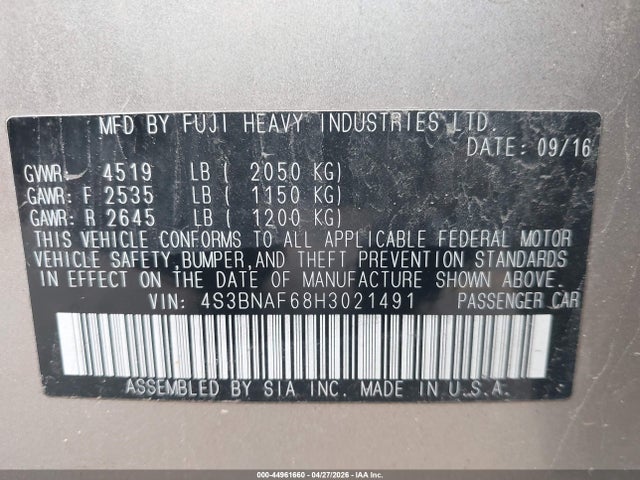 Продажа на аукционе авто 2017 Subaru Legacy 2.5i Premium, vin: 4S3BNAF68H3021491, номер лота: 44961660