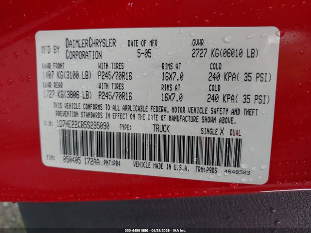2005 Dodge Dakota St მანქანა იყიდება აუქციონზე, vin: 1D7HE22K85S295090, აუქციონის ნომერი: 44961680