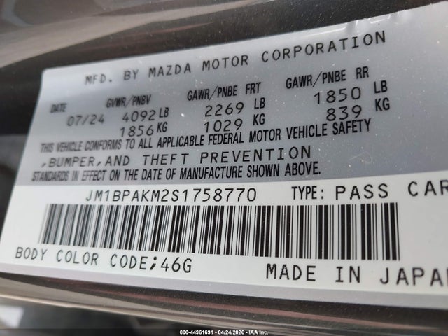 Продажа на аукционе авто 2025 Mazda Mazda3 2.5 S Select Sport, vin: JM1BPAKM2S1758770, номер лота: 44961691