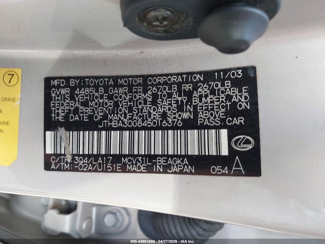 44961696 :رقم المزاد ، JTHBA30G845016376 vin ، 2004 Lexus Es 330 مزاد بيع