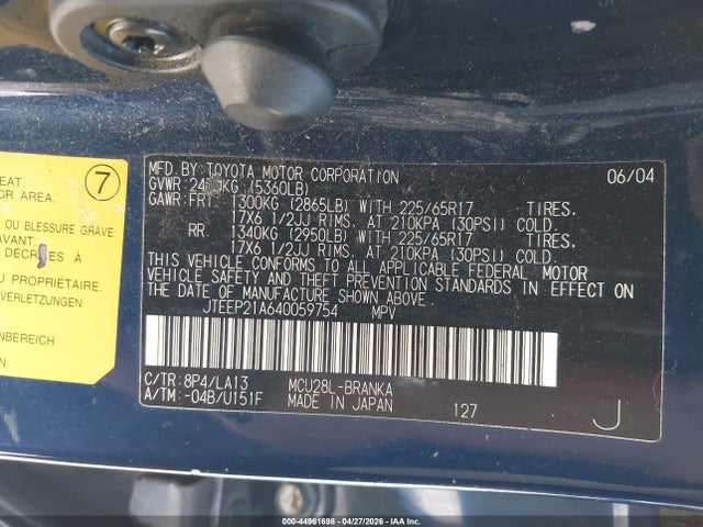 44961698 :رقم المزاد ، JTEEP21A640059754 vin ، 2004 Toyota Highlander Limited V6 مزاد بيع