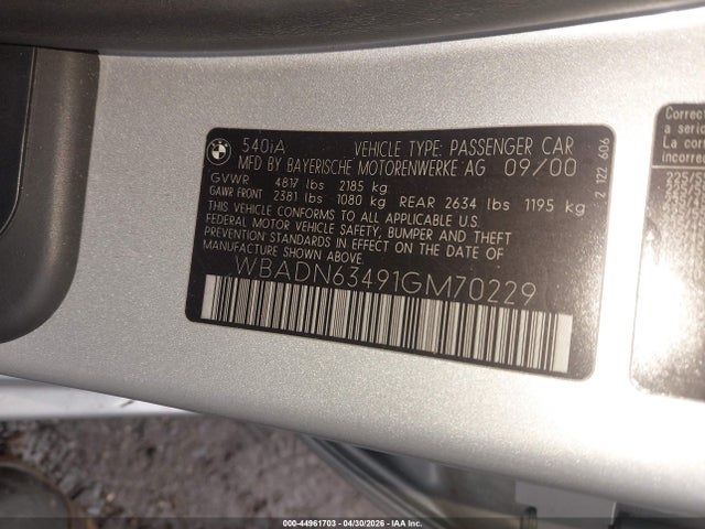 Продажа на аукционе авто 2001 Bmw 540ia, vin: WBADN63491GM70229, номер лота: 44961703