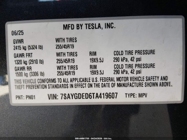Aukcja sprzedaży 2026 Tesla Model Y Premium Rear-wheel Drive/standard Rear-wheel Drive, vin: 7SAYGDED6TA419607, numer aukcji: 44961705