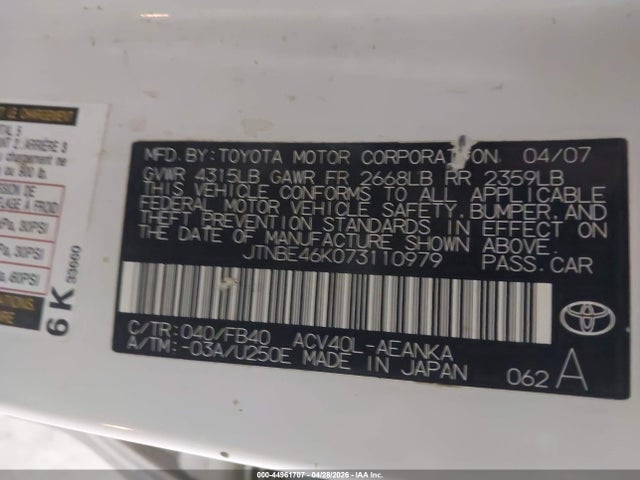 Продаж на аукціоні авто 2007 Toyota Camry Ce, vin: JTNBE46K073110979, номер лоту: 44961707