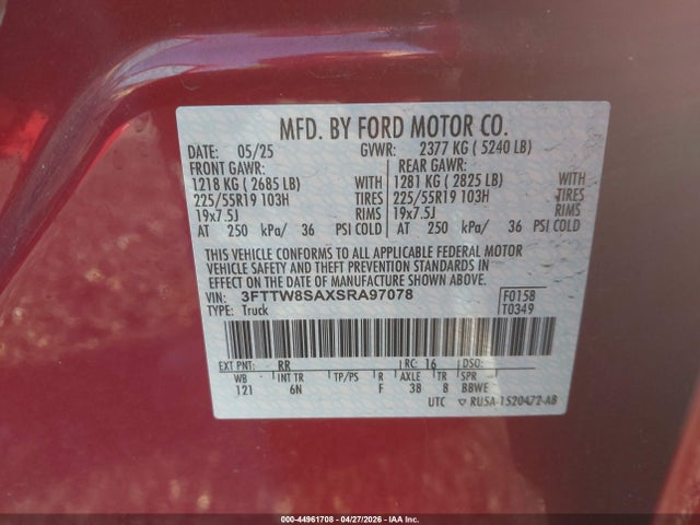 Продажа на аукционе авто 2025 Ford Maverick Lariat, vin: 3FTTW8SAXSRA97078, номер лота: 44961708