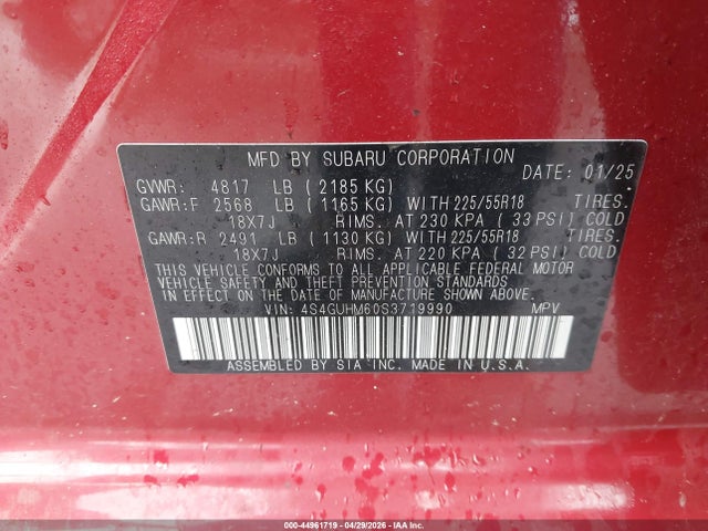 Aukcja sprzedaży 2025 Subaru Crosstrek Limited, vin: 4S4GUHM60S3719990, numer aukcji: 44961719