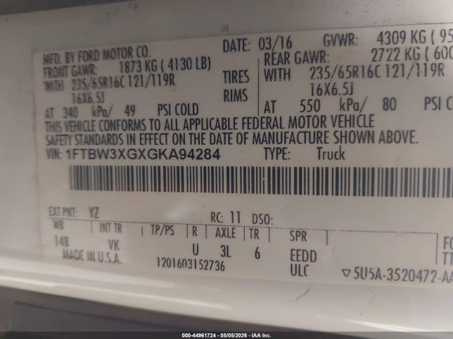 Aukcja sprzedaży 2016 Ford Transit-350, vin: 1FTBW3XGXGKA94284, numer aukcji: 44961724