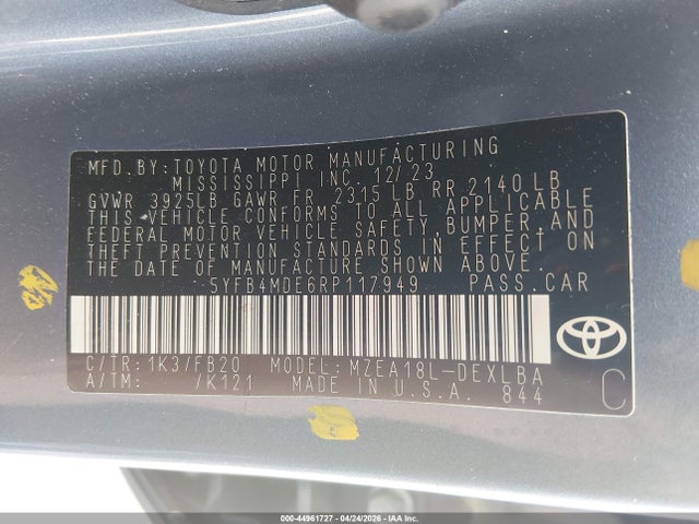 2024 Toyota Corolla Le მანქანა იყიდება აუქციონზე, vin: 5YFB4MDE6RP117949, აუქციონის ნომერი: 44961727