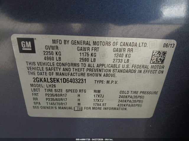 44961728 :رقم المزاد ، 2GKALSEK1D6403231 vin ، 2013 Gmc Terrain Sle-2 مزاد بيع