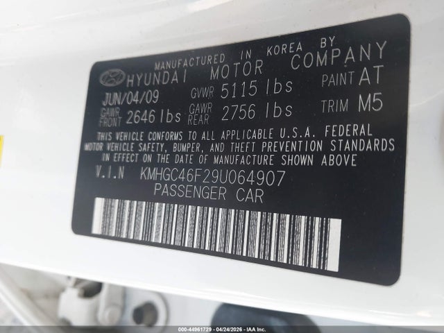 Продажа на аукционе авто 2009 Hyundai Genesis 4.6, vin: KMHGC46F29U064907, номер лота: 44961729