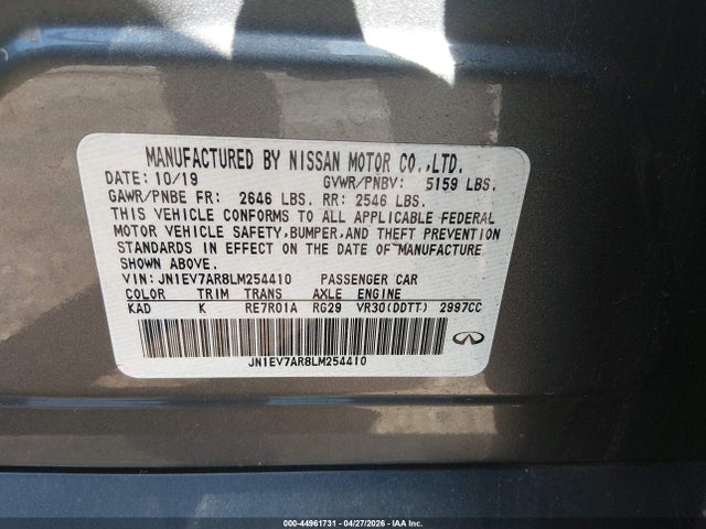 44961731 :رقم المزاد ، JN1EV7AR8LM254410 vin ، 2020 Infiniti Q50 Luxe Awd مزاد بيع