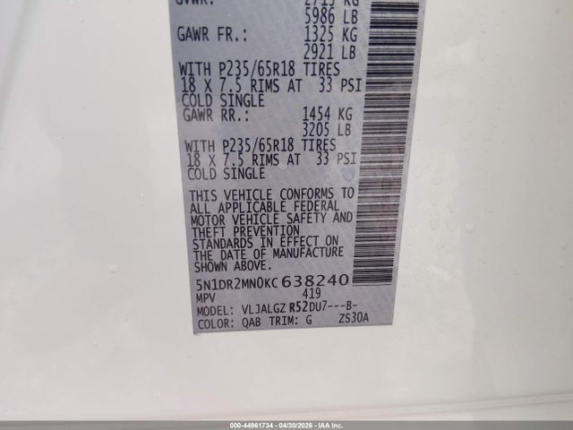 Продаж на аукціоні авто 2019 Nissan Pathfinder Sl, vin: 5N1DR2MN0KC638240, номер лоту: 44961734