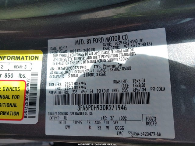 Продажа на аукционе авто 2013 Ford Fusion Se, vin: 3FA6P0H93DR271946, номер лота: 44961736
