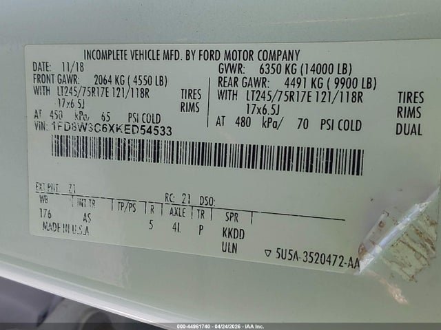 Aukcja sprzedaży 2019 Ford F-350 Xl, vin: 1FD8W3C6XKED54533, numer aukcji: 44961740