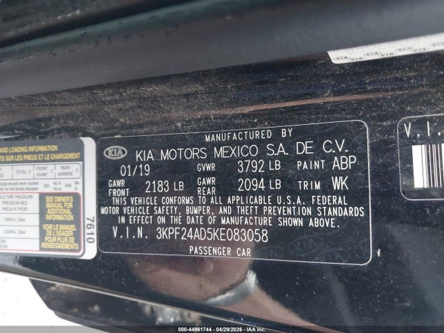 2019 Kia Forte Lxs მანქანა იყიდება აუქციონზე, vin: 3KPF24AD5KE083058, აუქციონის ნომერი: 44961744